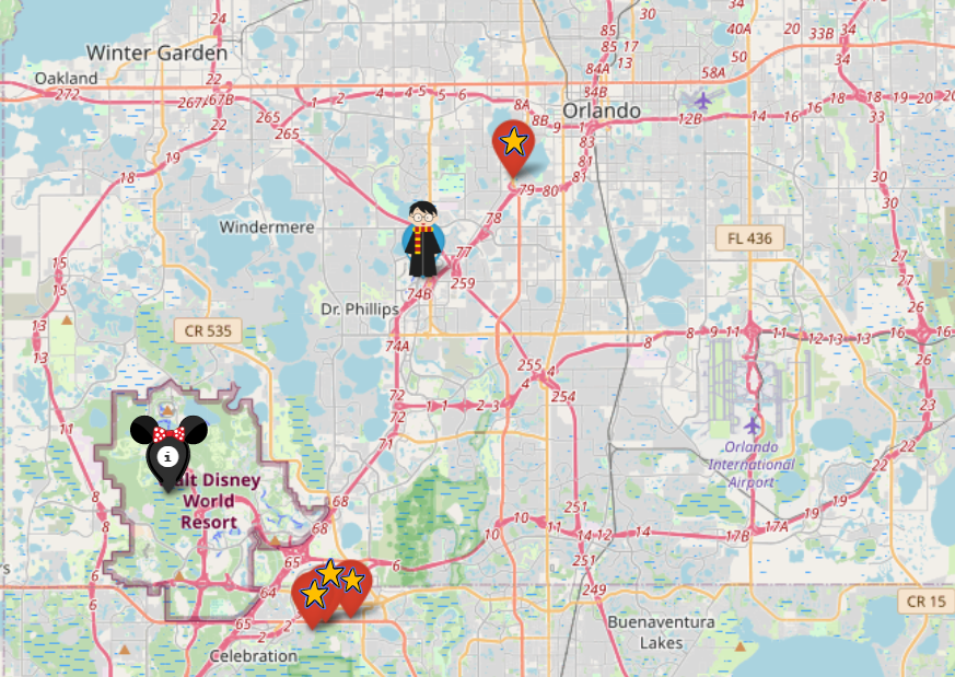 Mapa de la zona de Orlando mostrando la ubicación del Developer Inn, Disney World y otros puntos de interés como Universal Studios y el Aeropuerto Internacional de Orlando.